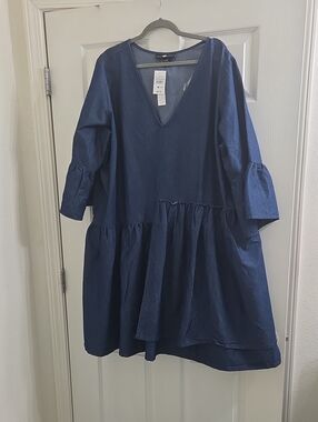 Ashley Stewart Layered Chambray Babydoll Midi Dress